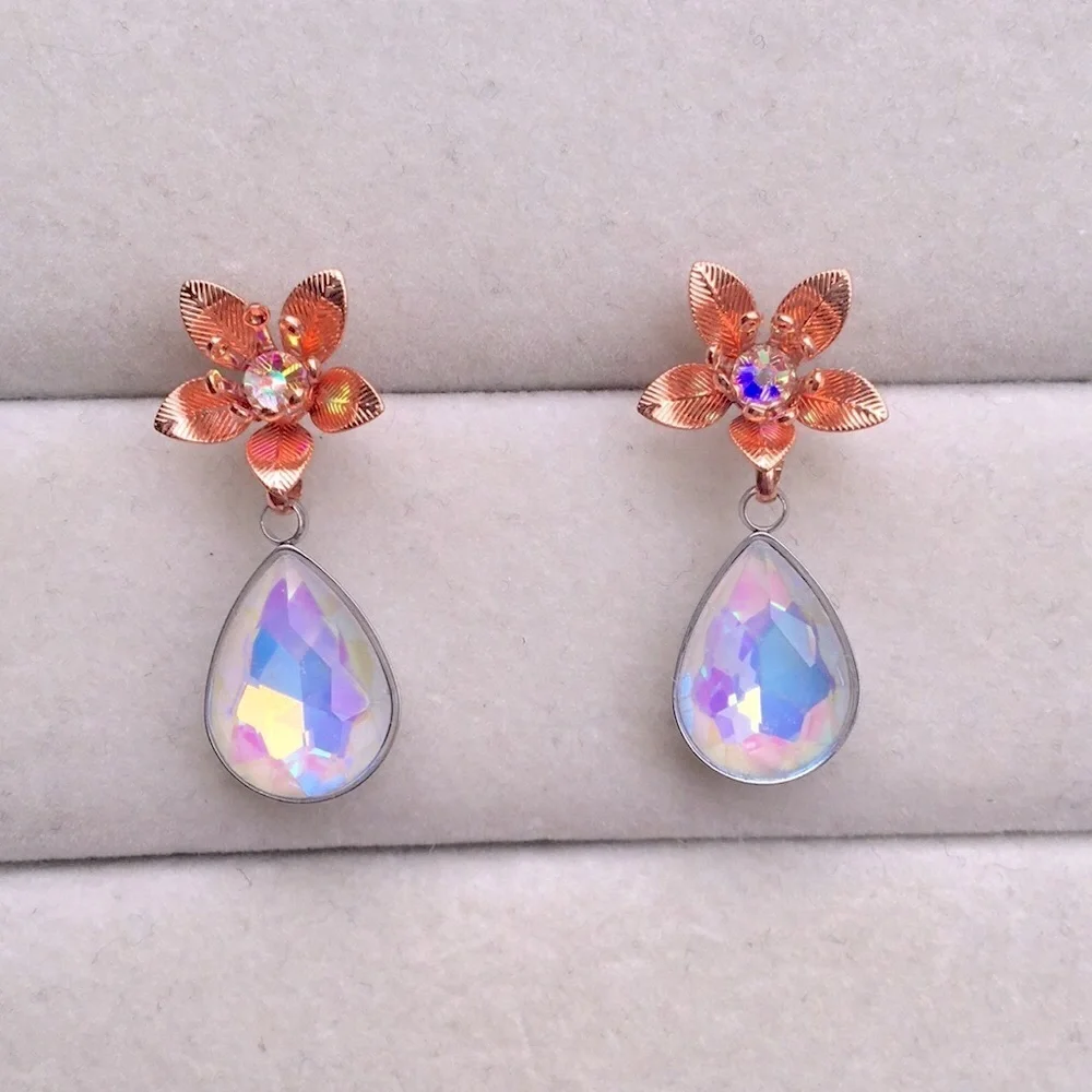 Iridescent White Aurora Borealis + Rose Gold Crystal Flower Drop Earrings
